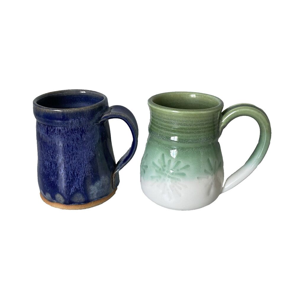 Handmade Pottery Coffee Tea Mugs Cups Ceramic Set of 2 10oz Purple Green